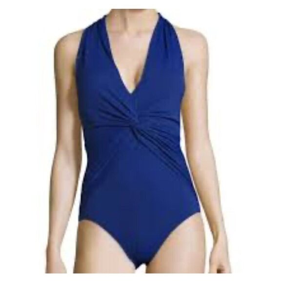 Michael Kors Swim Women 14 Blue One Piece Plunge Twist Halter Travel Resort Soft - Picture 1 of 8